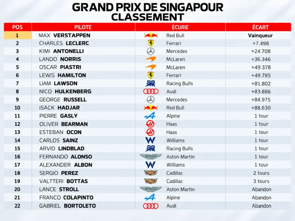 Classement Grand Prix de Singapour 2026