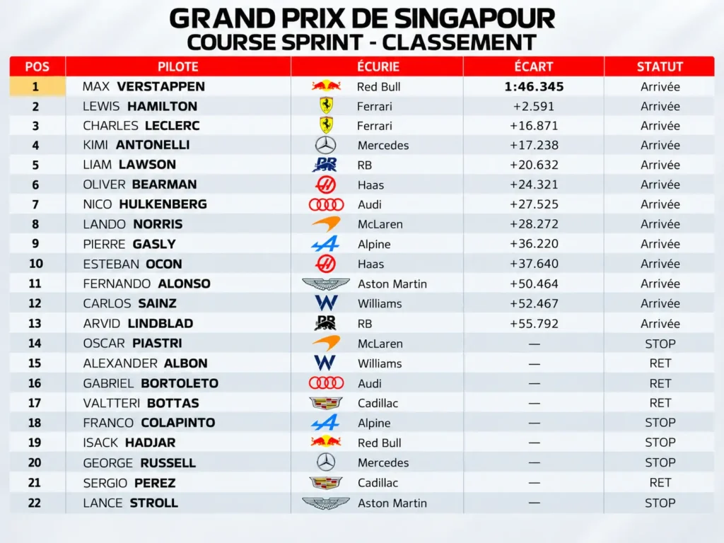Classement course Sprint Singapour 2026