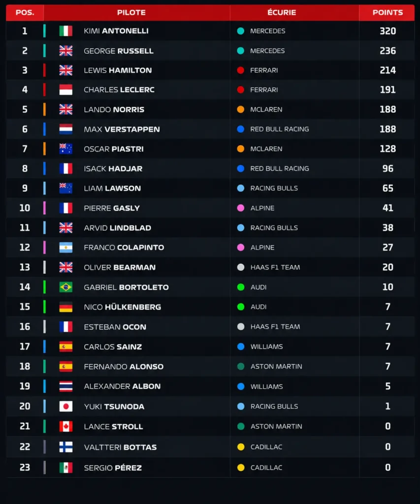 Classement pilotes F1 2026 après Bahreïn