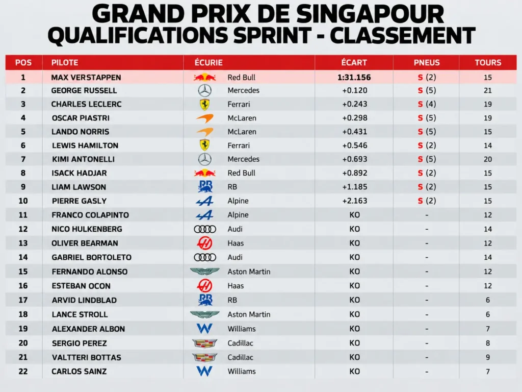 Classement Qualifications Sprint F1 Singapour 2026
