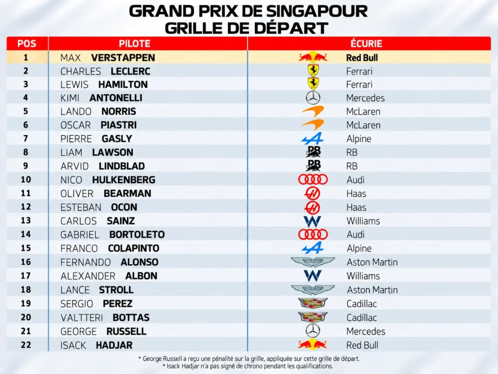 Grille de départ GP de Singapour 2026