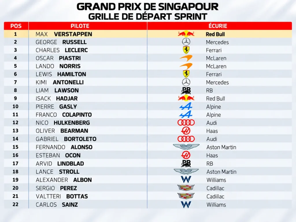 Grille de départ course Sprint Singapour 2026